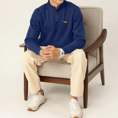 Mock Neck Quarter Zipper Sweat Shirt - Navy