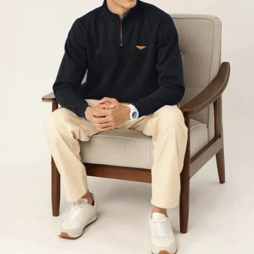 Mock Neck Quarter Zipper Sweat Shirt - Black